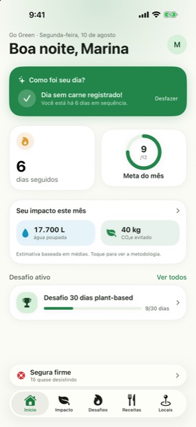 Tela inicial do Go Green com o check-in do dia, sequência de 6 dias, meta do mês e impacto acumulado